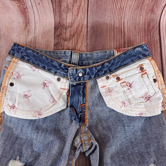 NWT True Religion Womens Size 26 Joey Row Seat Flap Flare Distressed Denim Jeans - Picture 10 of 15